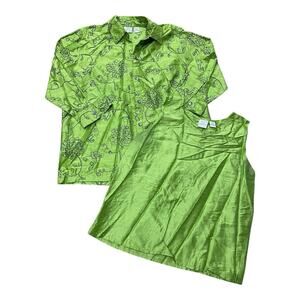 Women’s BLEU BAYOU Button Up Shirt & Tank Size M 100% Silk Green Twinset Sequin